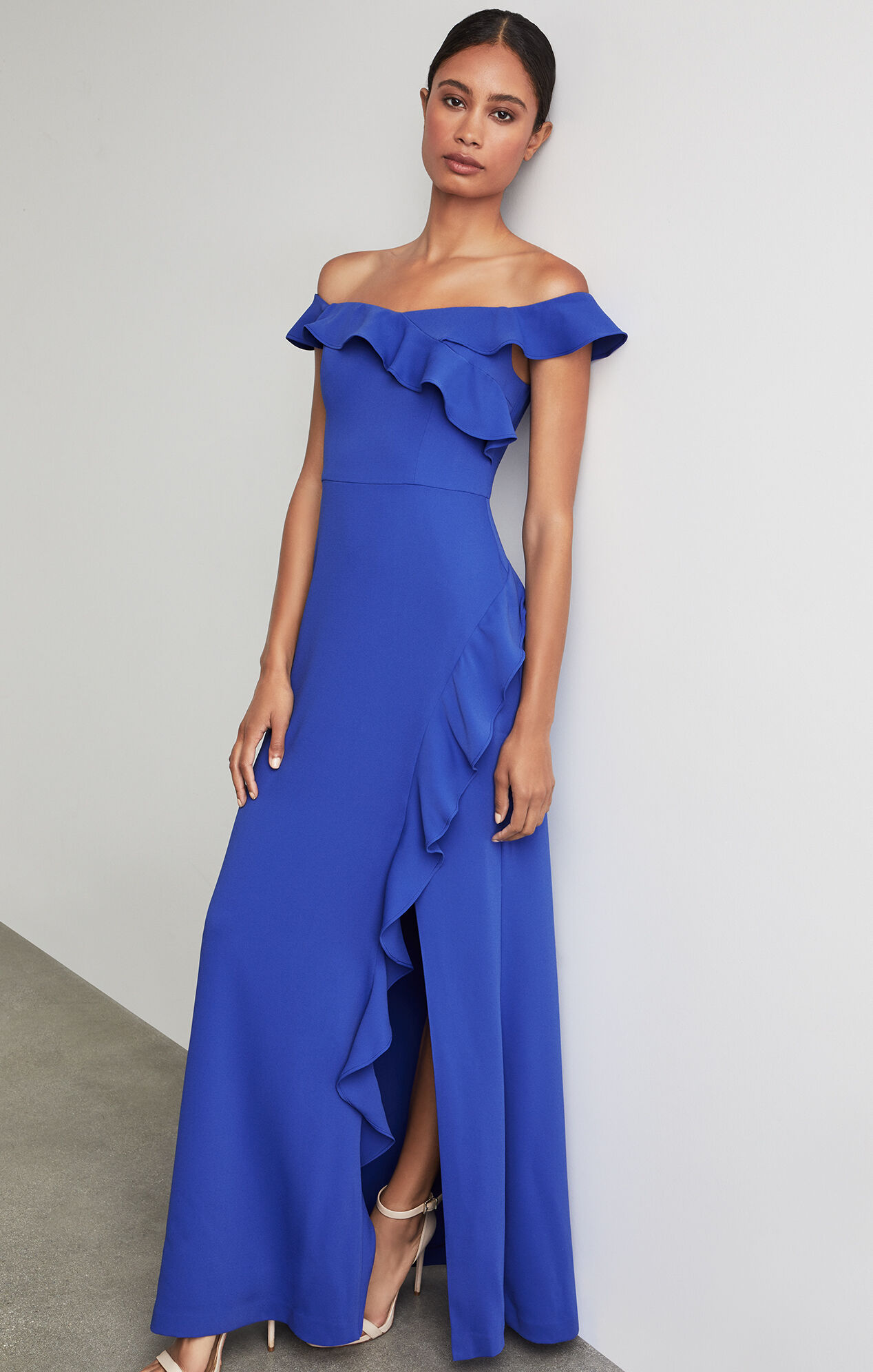 BCBGMAXAZRIA: Off The Shoulder Asymmetric Ruffle Gown