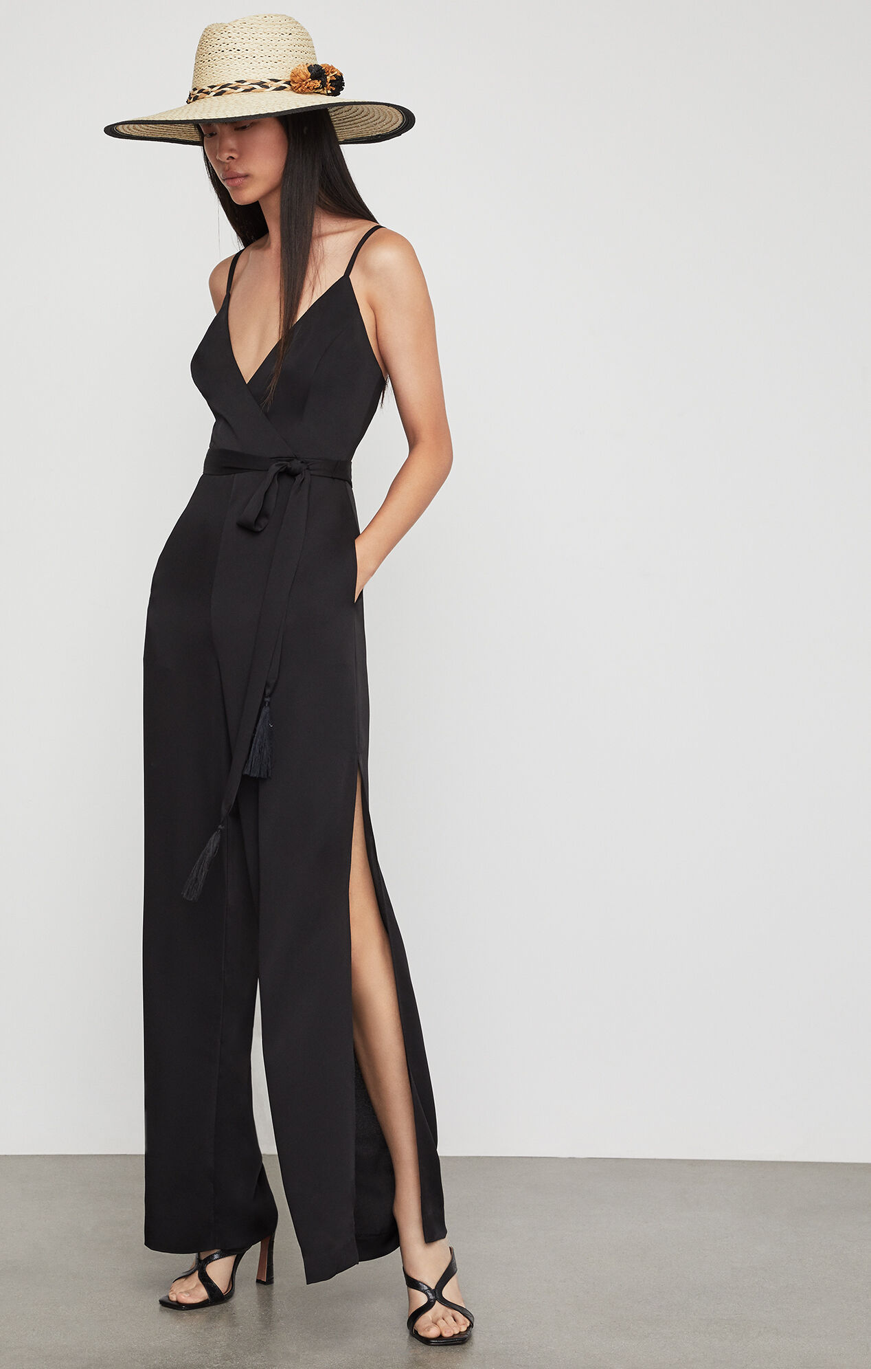 BCBGMAXAZRIA: Faux Wrap Satin Jumpsuit