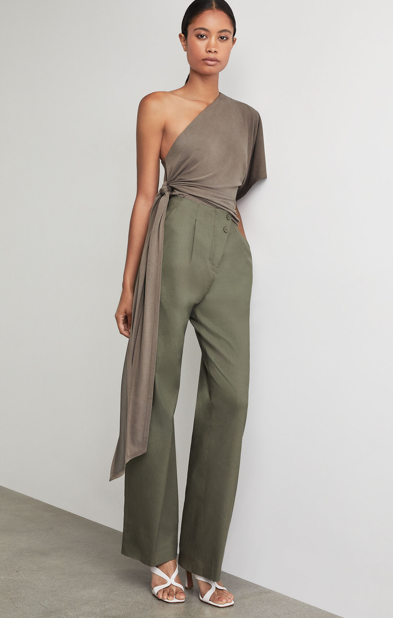 BCBGMAXAZRIA: One Shoulder Tie Front Bodysuit