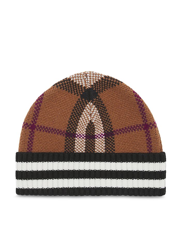 Stripe Detail Check Cashmere Beanie