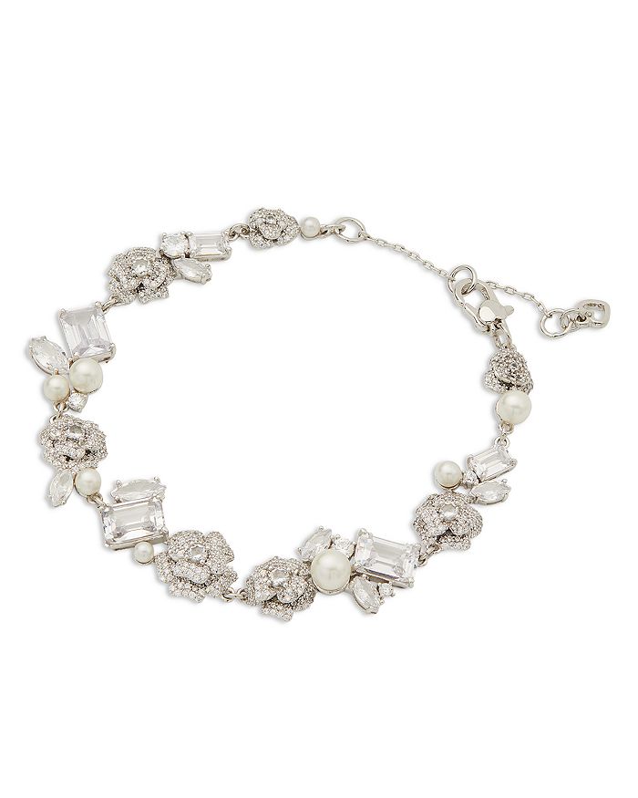 Bouquet Toss Cubic Zirconia & Imitation Pearl Flower Cluster Flex Bracelet in Silver Tone