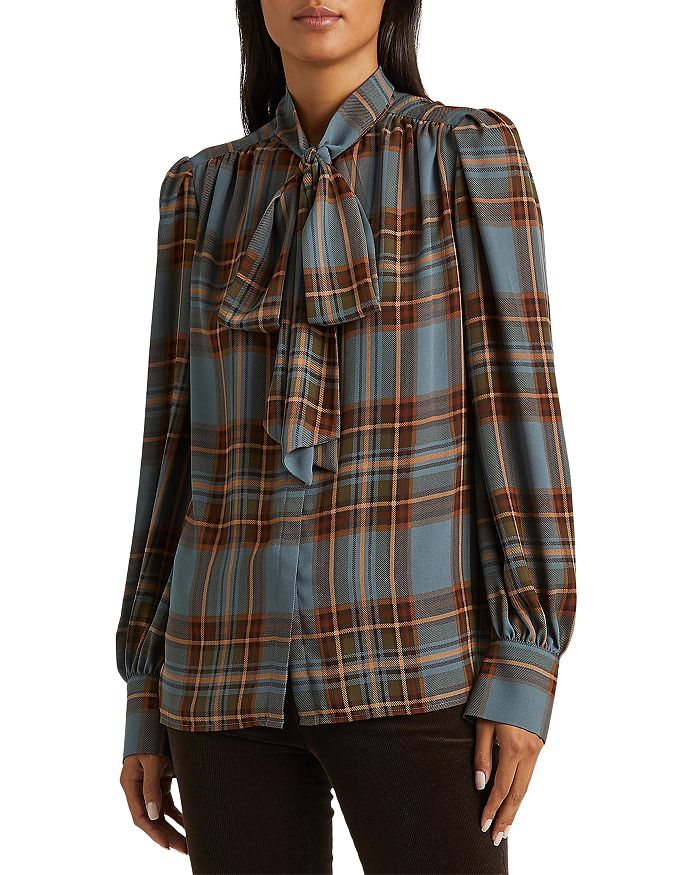 Plaid Tie Neck Blouse