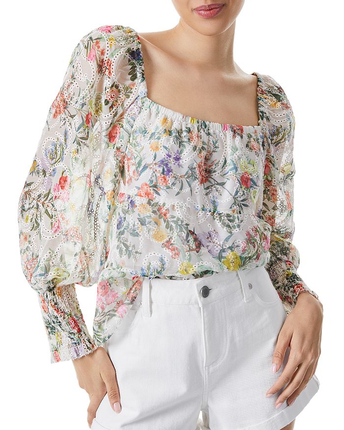 Rowa Floral Square Neck Eyelet Blouse