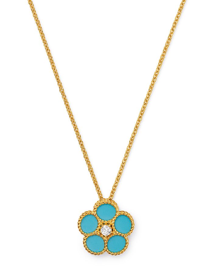 18K Yellow Gold Daisy Diamond & Turquoise Pendant Necklace, 16in
