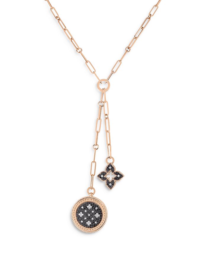 18K Rose Gold Venetian Princess Black & White Diamond Floral Motif Lariat Necklace, 15in