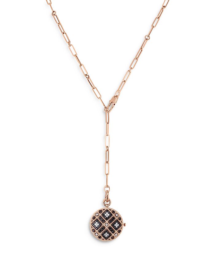 18K Rose Gold Palazzo Ducale Black & White Diamond Floral Motif Locket Lariat Necklace, 19in