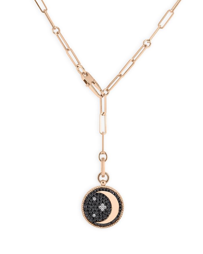 18K Rose Gold Venetian Princess Black & White Diamond Crescent Moon Medallion Lariat Necklace, 19in