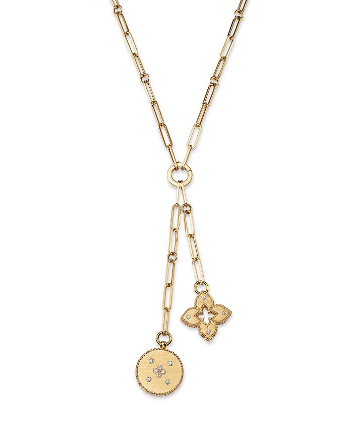 18K Yellow Gold Venetian Princess Diamond Flower & Disc Pendant Y Necklace, 15in