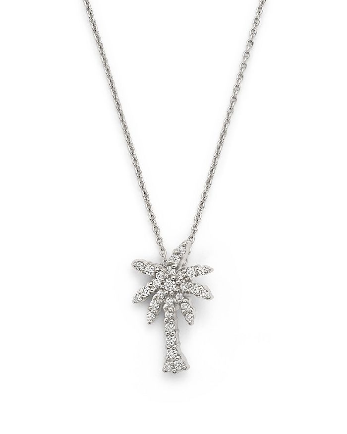 18K White Gold Palm Tree Pendant Necklace with Diamonds, 16in
