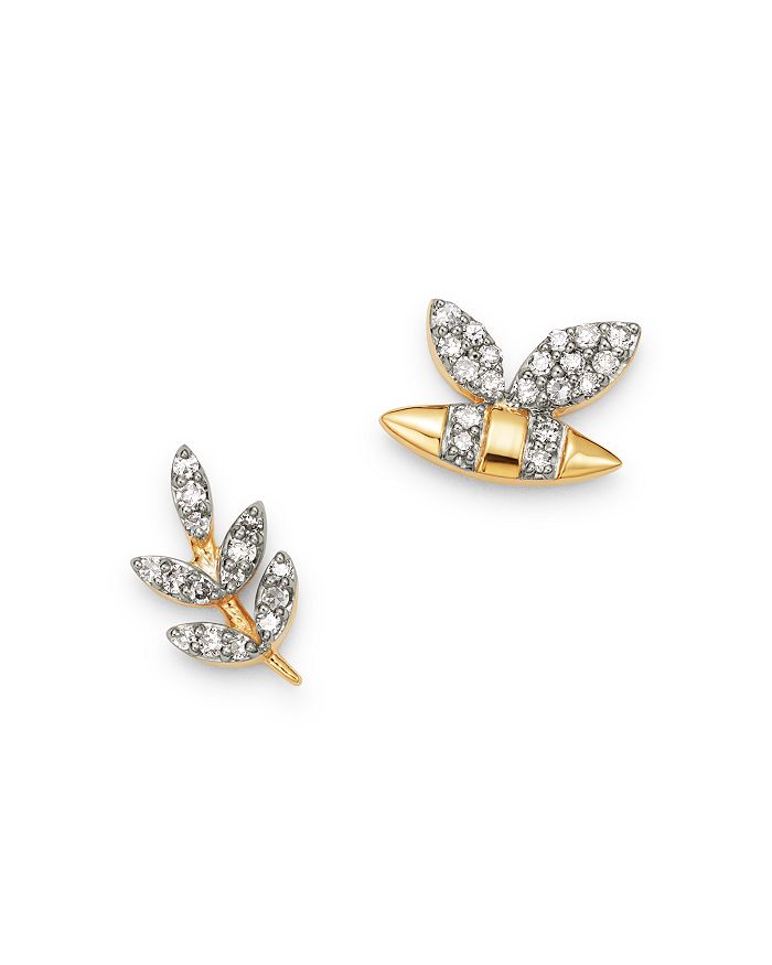 14K Yellow Gold Garden Diamond Pavé Bee & Leaf Mismatch Stud Earrings