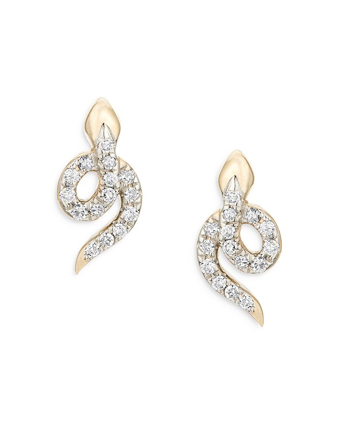 14K Yellow Gold Diamond Snake Stud Earrings