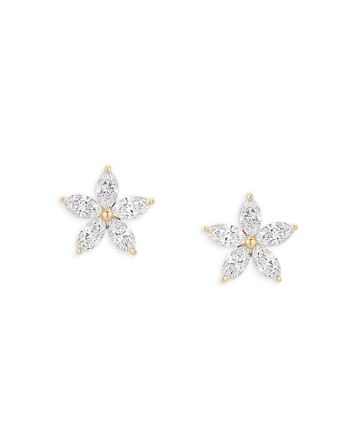 14K Yellow Gold Paris Diamond Marquis Flower Stud Earrings