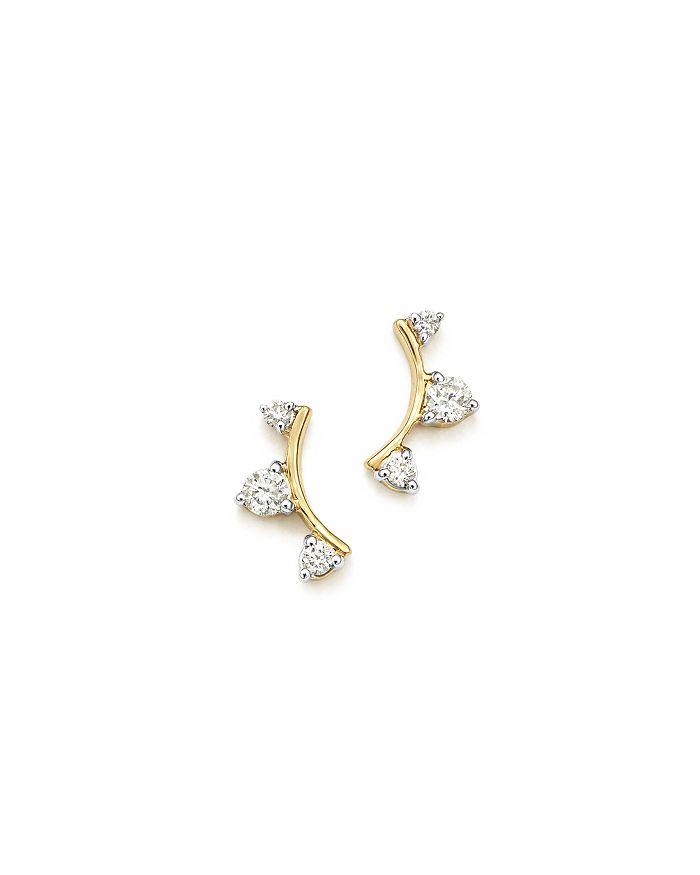 14K Yellow Gold Diamond Amigos Curved Triple Diamond Stud Earrings